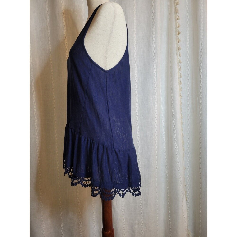 Wallflower‎ Peplum Hi Lo V Neck Tank Semi Sheer Crochet Trim Navy Large - Picture 2 of 8